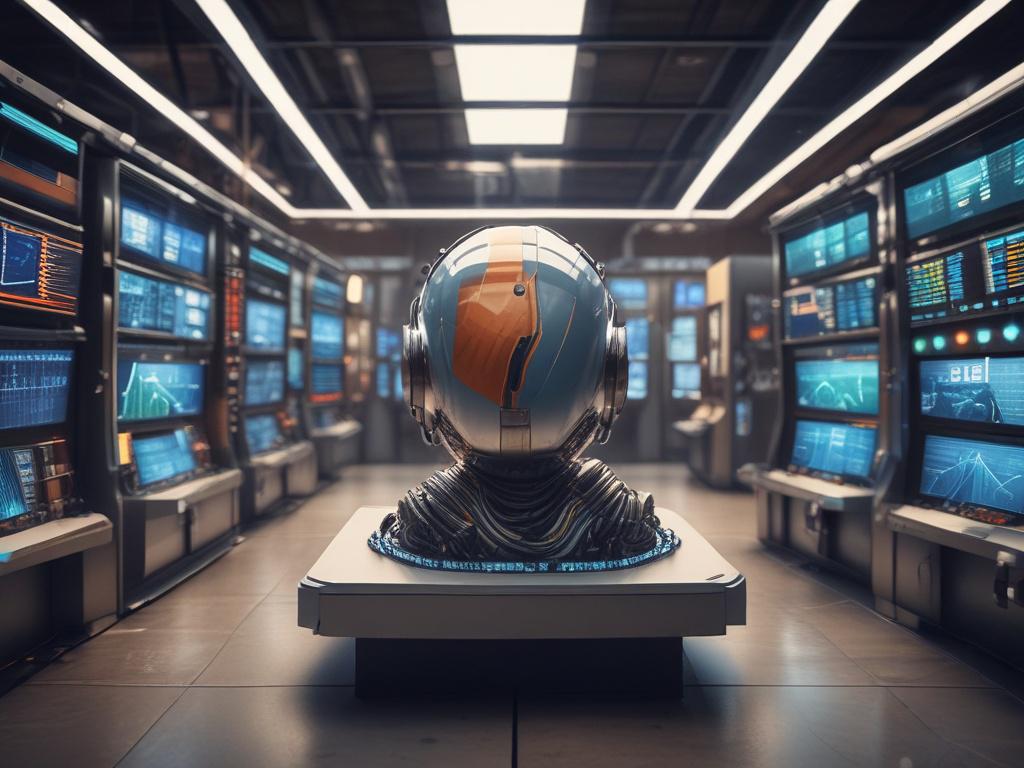 Create a realistic high-resolution photo that embodies the theme of "Harnessing AI for Autonomous Trading." The composition should be simple and clear, featuring a single subject: a sleek, futuristic robot with humanoid features, sitting at a modern trading desk. The robot should be actively engaged with multiple high-definition screens displaying stock charts, graphs, and live market data, symbolizing its role in autonomous trading.

In the background, create a sleek, minimalistic office environment that e