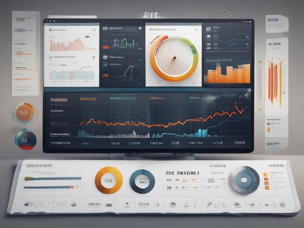 realistic high-resolution close-up of an investor dashboard, displaying dynamic charts and analytics, sleek dark design with vibrant data visuals, shot with a 45mm f/1.2 lens