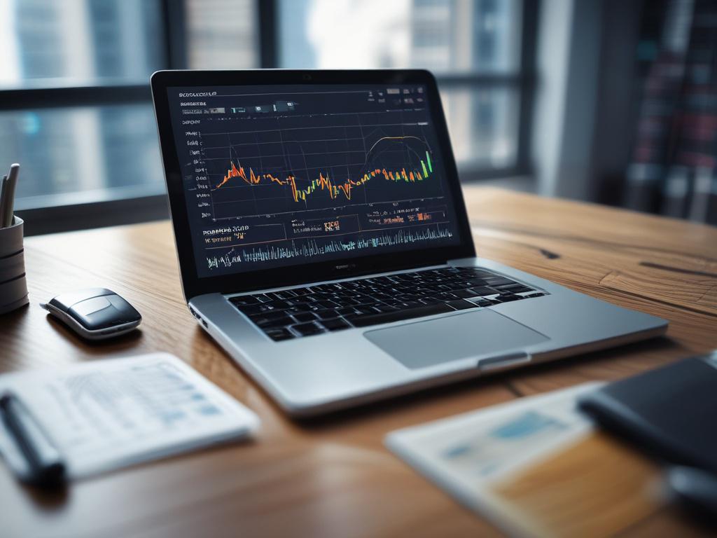 a close-up of a user-friendly trading interface on a laptop, featuring charts and graphs, in a modern workspace, shot with a 45mm f/1.2 lens