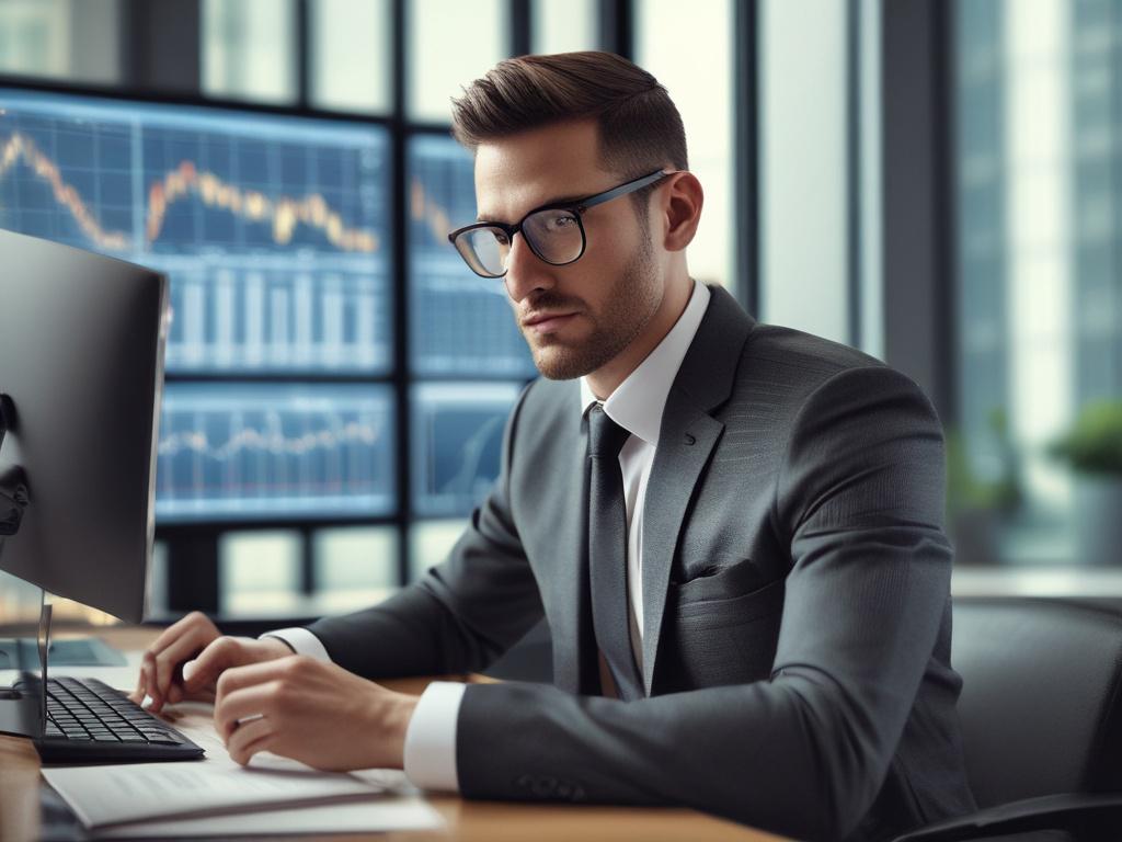 a close-up shot of a confident investor analyzing trading data on a digital screen, with a modern office background, shot with a 45mm f/1.2 lens