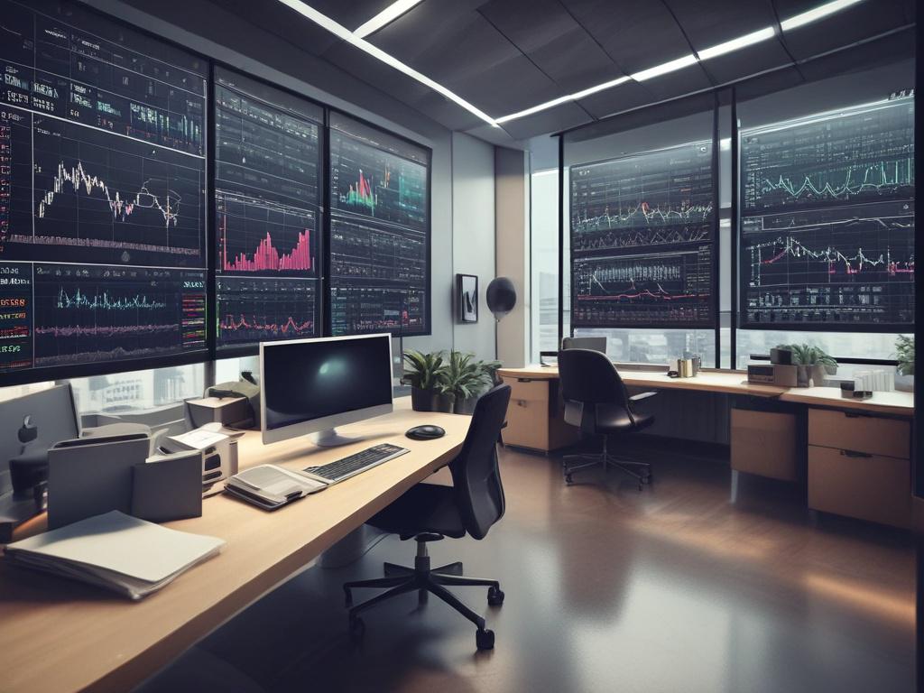 a high-tech digital trading platform showcasing advanced analytics, with glowing interfaces and graphs, in a sleek office, shot with a 45mm f/1.2 lens