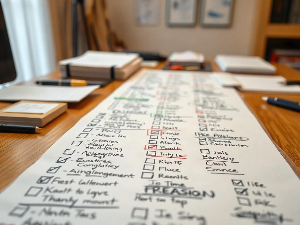 A close-up shot of a long, cluttered checklist on a wooden desk, emphasizing the disorganization of tasks. The checklist should be filled with various handwritten notes, checkboxes, and crossed-out items, showcasing the overwhelming nature of too many tasks. The background should be softly blurred to keep focus on the checklist, with a warm, inviting ambiance. The colors should harmonize with the rgb(33, 59, 78) primary color.
