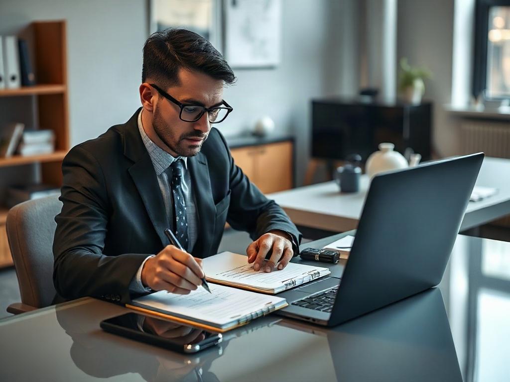 A close-up shot of a focused business professional, male or female, sitting at a sleek desk with a laptop open. The individual is looking intently at a notepad filled with organized notes and a prioritized list. The background is blurred to emphasize the subject, with hints of a well-organized office space. The overall color scheme is compatible with rgb(33, 59, 78), creating a calm and professional atmosphere.