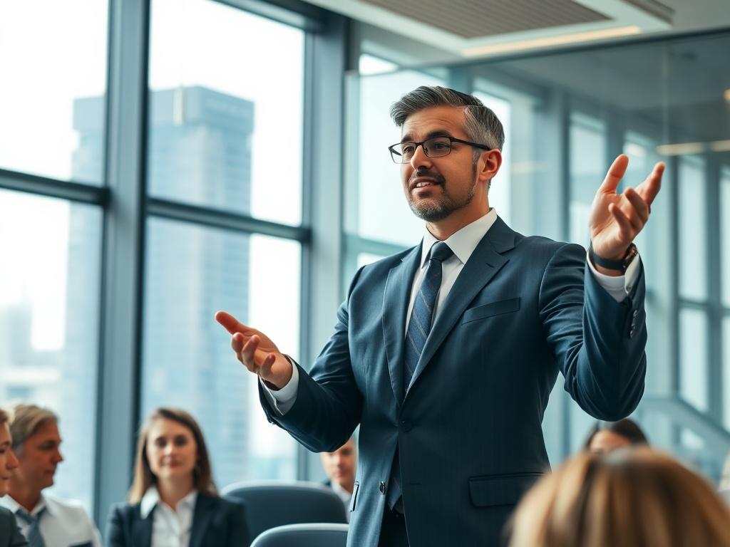 A professional individual standing confidently in a well-lit office environment, wearing business attire, speaking passionately to an engaged audience. The background should feature modern office elements, such as a large window with a city view, and a small group of listeners in the foreground, captivated by the speaker's message. The focus should be on the leader's expressive gestures and confident demeanor, emphasizing their authority and charisma in a leadership role.