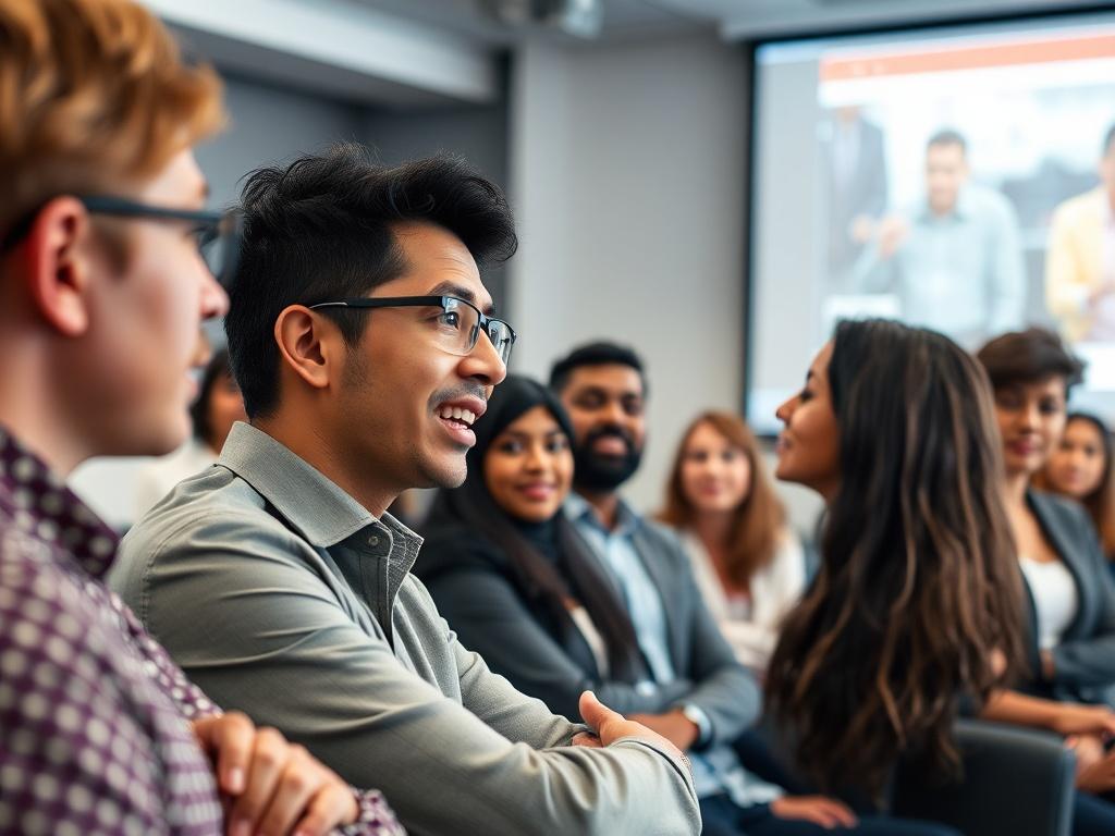 A close-up shot of a diverse group of professionals engaging in a lively presentation workshop, showcasing individuals confidently speaking to an audience. The focus is on one speaker at the forefront, passionately delivering their message, while the audience is visibly engaged and attentive. The background features a modern seminar room with bright lighting and a projector displaying a visually appealing presentation. The image captures a sense of energy and professionalism, rendered in hyper-realistic det