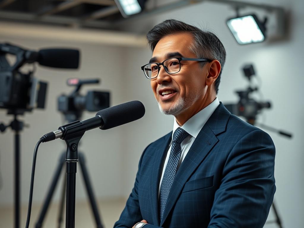 A professional leader in a smart suit, confidently speaking into a microphone during a media coaching session. The setting is a modern, well-lit studio with cameras and lighting equipment in the background, emphasizing a media-focused environment. The leader's expression is focused and engaging, highlighting their readiness for media appearances. The image is shot with a 45mm f/1.2 lens style, ensuring a close-up, hyper-realistic quality, with dark blue and grey color tones to match the brand's primary colo