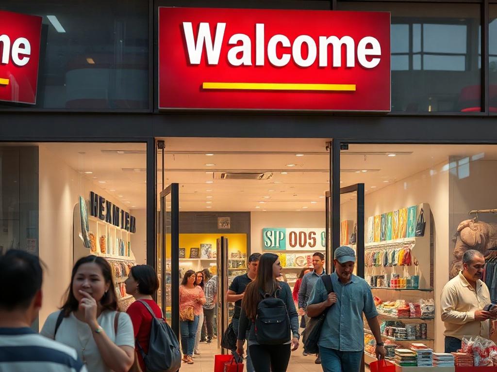A close-up shot of a retail store's entrance with vibrant signage and a welcoming ambiance, showcasing a busy shopping day with customers. Hyper-realistic, focus on the store's inviting atmosphere, with a clear view of the products displayed in the window. Shot with a 45mm f/1.2 lens style, emphasizing the details of the store and people.