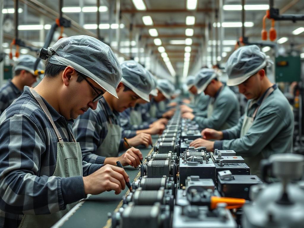 A close-up of a manufacturing facility's production line, highlighting workers efficiently assembling products in a clean, organized environment. The image should capture the essence of teamwork and productivity, with machinery in the background. Hyper-realistic, shot with a 45mm f/1.2 lens style, focusing on the details of the assembly process.