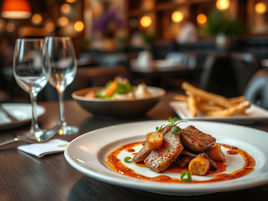 A close-up shot of a beautifully plated dish from a restaurant, elegantly presented on a dining table with soft lighting. The background should include elements of the restaurant’s ambiance, creating a warm and inviting atmosphere. Hyper-realistic, shot with a 45mm f/1.2 lens style, focusing on the intricate details of the food.