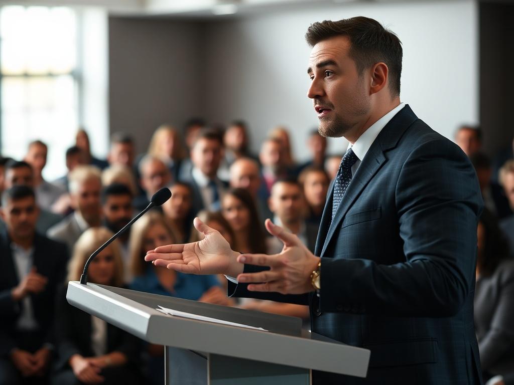 A focused close-up shot of a confident professional speaker engaging with an audience. The speaker stands at a sleek podium, gesturing passionately while looking directly at the audience. The background is blurred, showcasing attentive faces, with soft lighting highlighting the speaker. The image conveys a sense of authority and connection, focusing on the speaker's expressive face and hand movements.