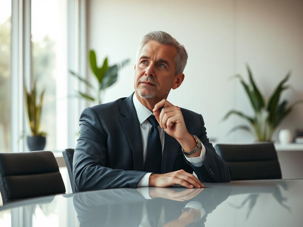**AI Image Generation Prompt:**

Create a realistic high-resolution photo depicting a focused business leader sitting at a sleek, modern conference table, deep in thought. The subject should be a middle-aged professional, dressed in smart business attire, embodying confidence and clarity. Their facial expression should reflect determination and purpose as they contemplate their leadership approach. 

The background should feature a bright, airy office space with large windows allowing natural light to flood