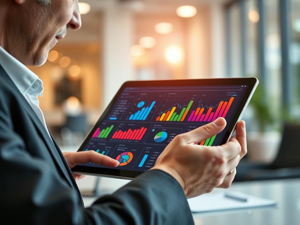 A close-up shot of a business professional analyzing data on a digital tablet. The focus is on the tablet screen displaying colorful graphs and charts, showcasing growth and strategy. The background is a softly blurred office environment, conveying a sense of professionalism and focus. The lighting is bright and inviting, emphasizing the clarity of the data.