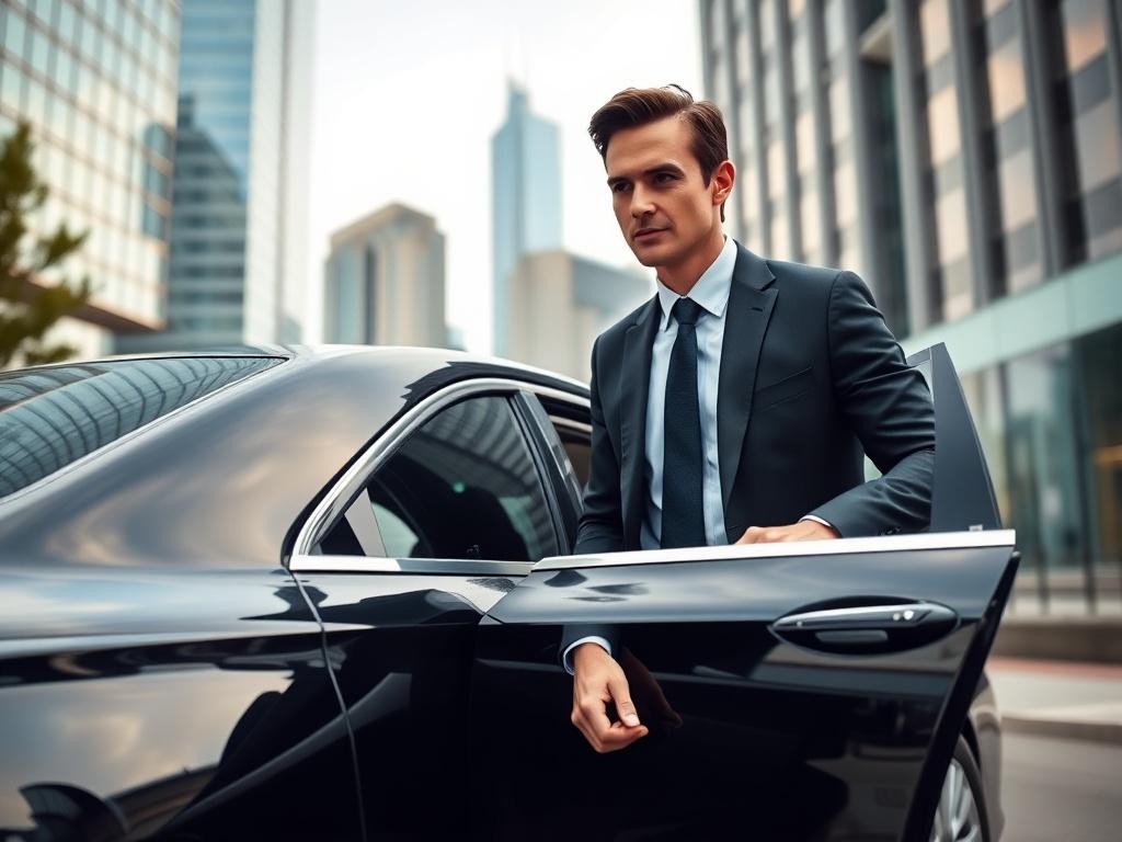 A professional-looking business person stepping out of a sleek black car in front of a corporate office building. The scene conveys a sense of professionalism and success, with the city skyline visible in the background. The car is polished and elegant, emphasizing the luxury of the transportation service.