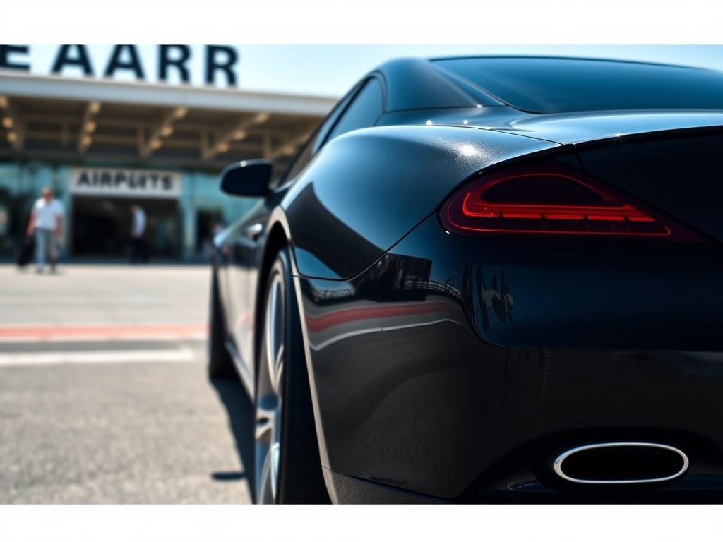 A luxurious black car parked outside an airport terminal, with a clear blue sky in the background. The car is shiny and polished, reflecting the sunlight. The airport terminal should be visible in the background, showcasing a busy but organized scene of travelers. The focus is on the car, emphasizing its elegance and comfort.