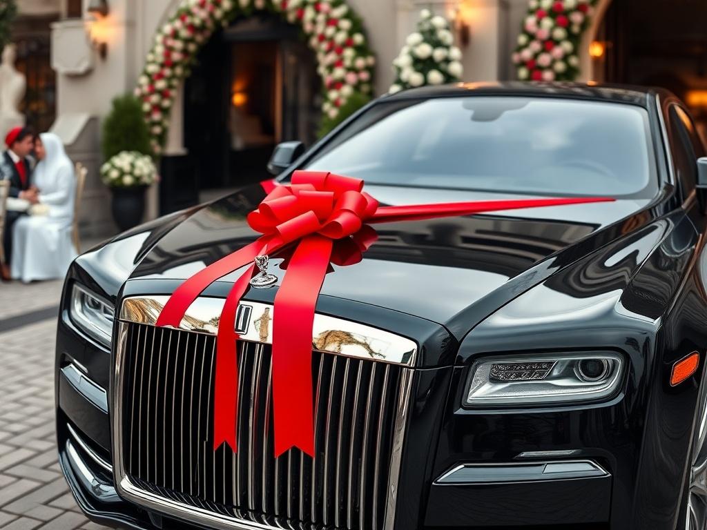 A luxurious black car with a red ribbon on the hood, parked outside a wedding venue. The background shows elegantly decorated outdoor seating and flowers. The atmosphere is festive and romantic, highlighting the significance of the event. The car is the focal point, showcasing its elegance and suitability for special occasions.