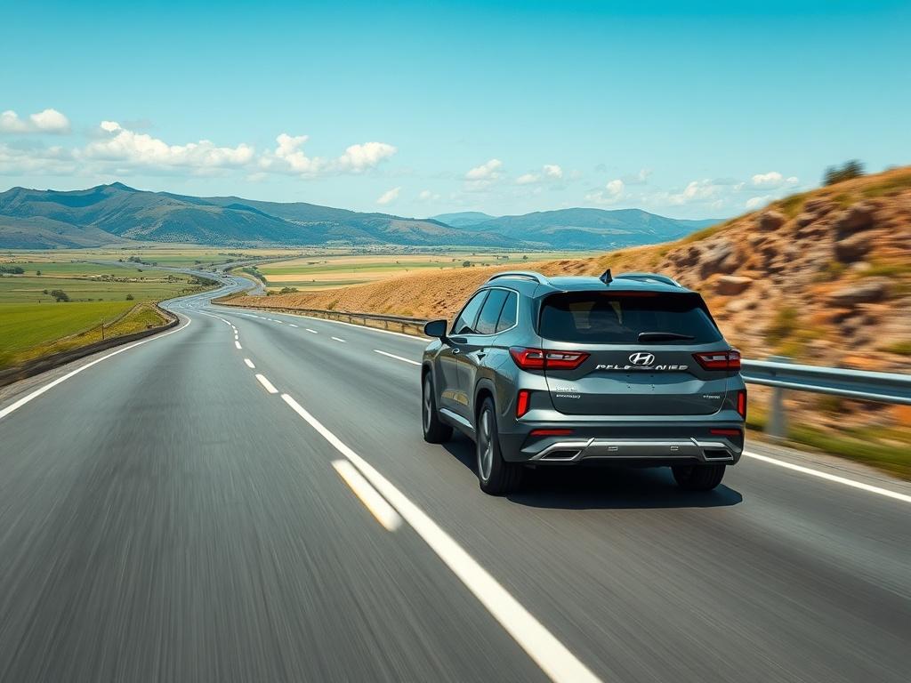 A scenic shot of a highway winding through picturesque landscapes,