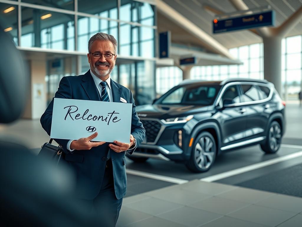 A welcoming scene at an airport pickup area, featuring a