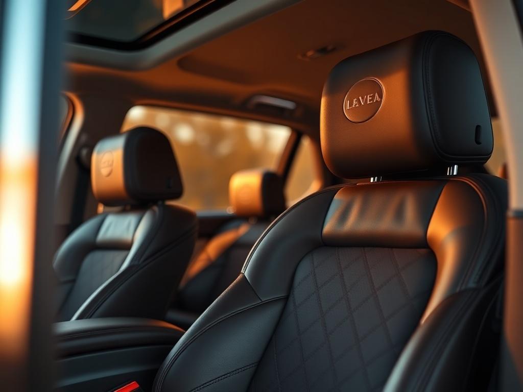 A close-up shot of a luxury vehicle's interior, showcasing plush leather seats and ample space, focusing on the comfort and elegance suitable for senior passengers. The background should be softly blurred, emphasizing the inviting atmosphere of the vehicle. The image should be high-resolution and rendered in a hyper-realistic style, with warm lighting that highlights the rich textures of the materials used.
