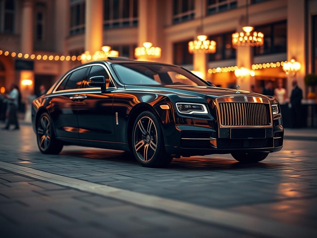 A close-up shot of a luxurious black car parked elegantly, showcasing its sleek design and polished exterior. The background features a softly blurred upscale event location, creating an ambiance of sophistication and exclusivity. The lighting is warm and inviting, enhancing the car's luxurious appeal. Shot with a 45mm f/1.2 lens style, the image captures the essence of personalized, high-end transportation.