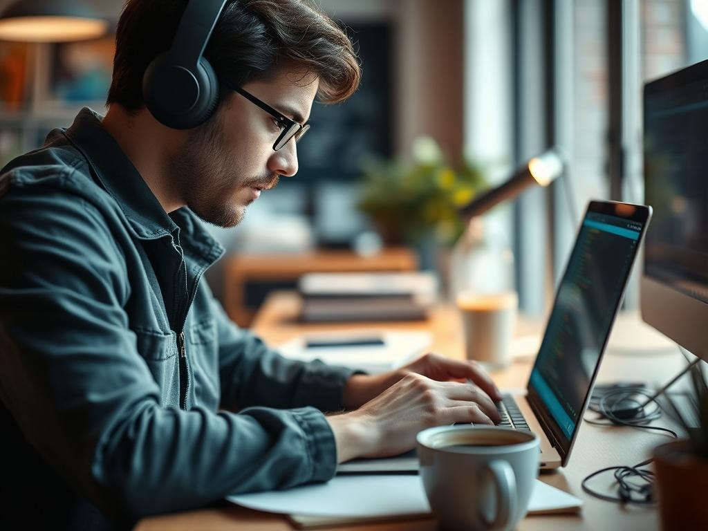 A hyper realistic close up shot of a software developer