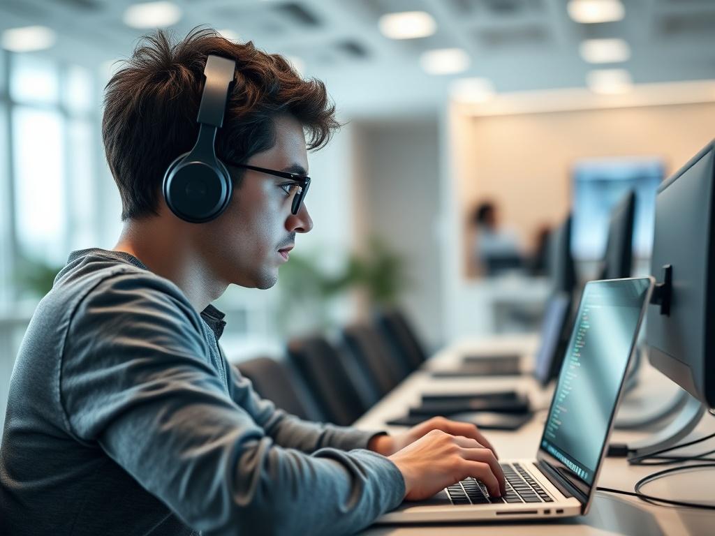 A hyper realistic close up of a software developer working