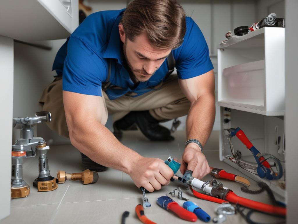 A close up shot of a skilled plumber working on