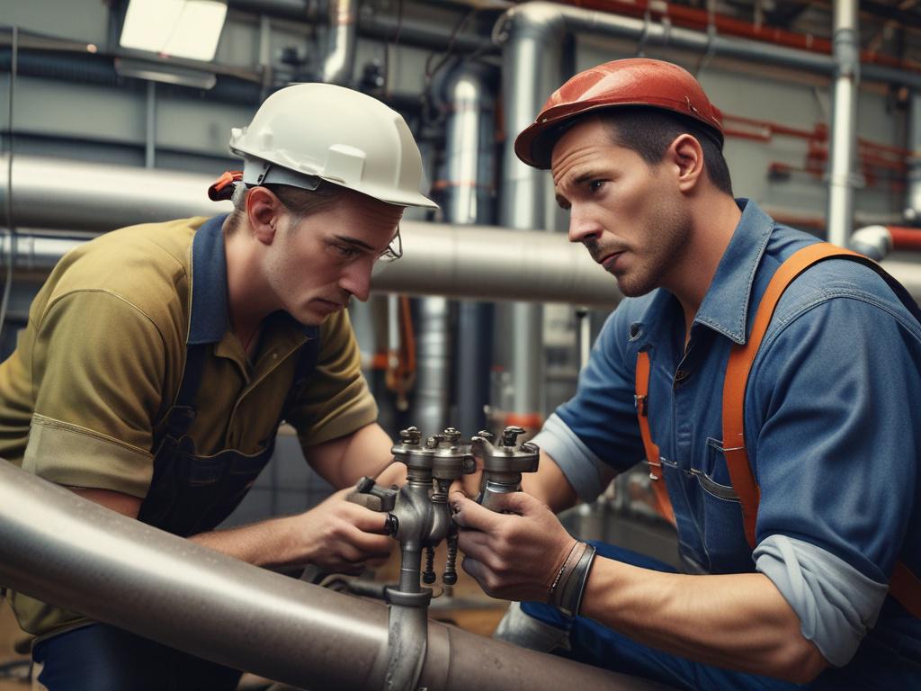 A close up of a commercial plumber inspecting a large