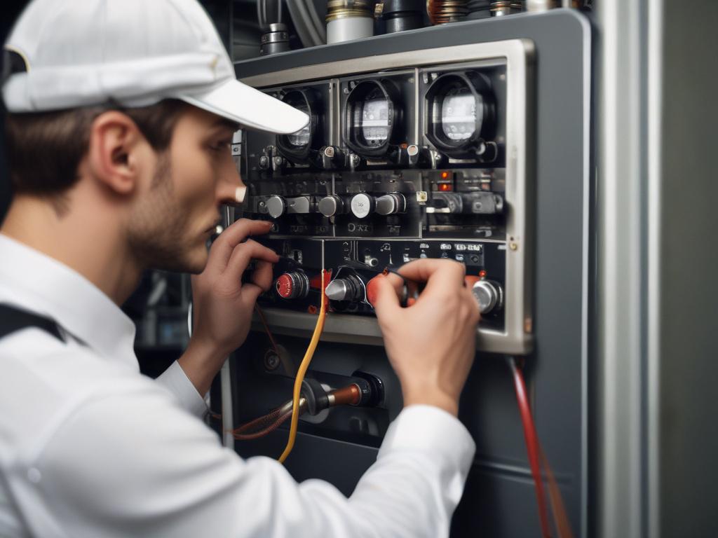 A close up shot of a technician servicing a boiler,