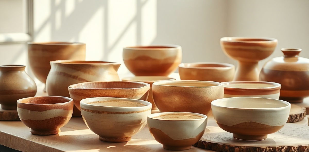 Handcrafted ceramic vessels and bowls with natural warmth and gold accents