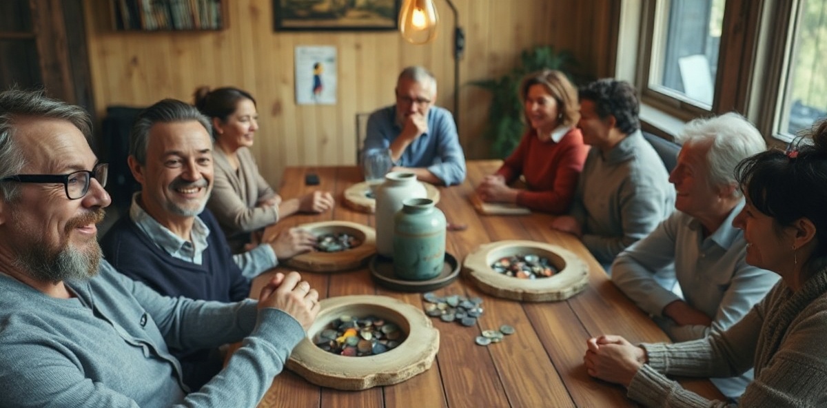 Community gathered around a table celebrating recovery milestones together