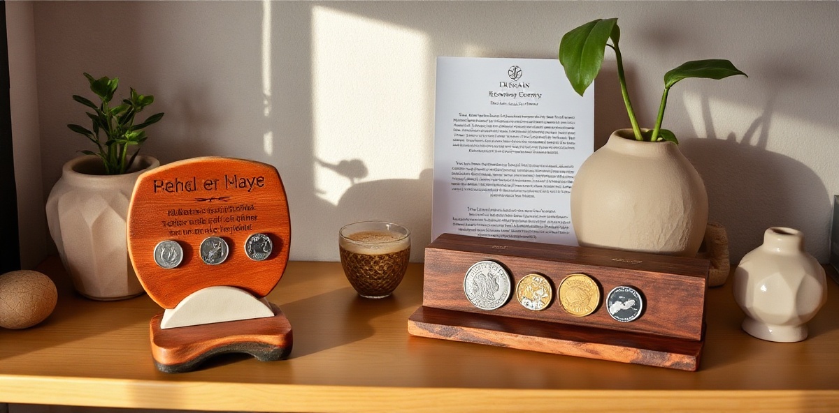 Recovery coins proudly displayed on a handcrafted ceramic stand
