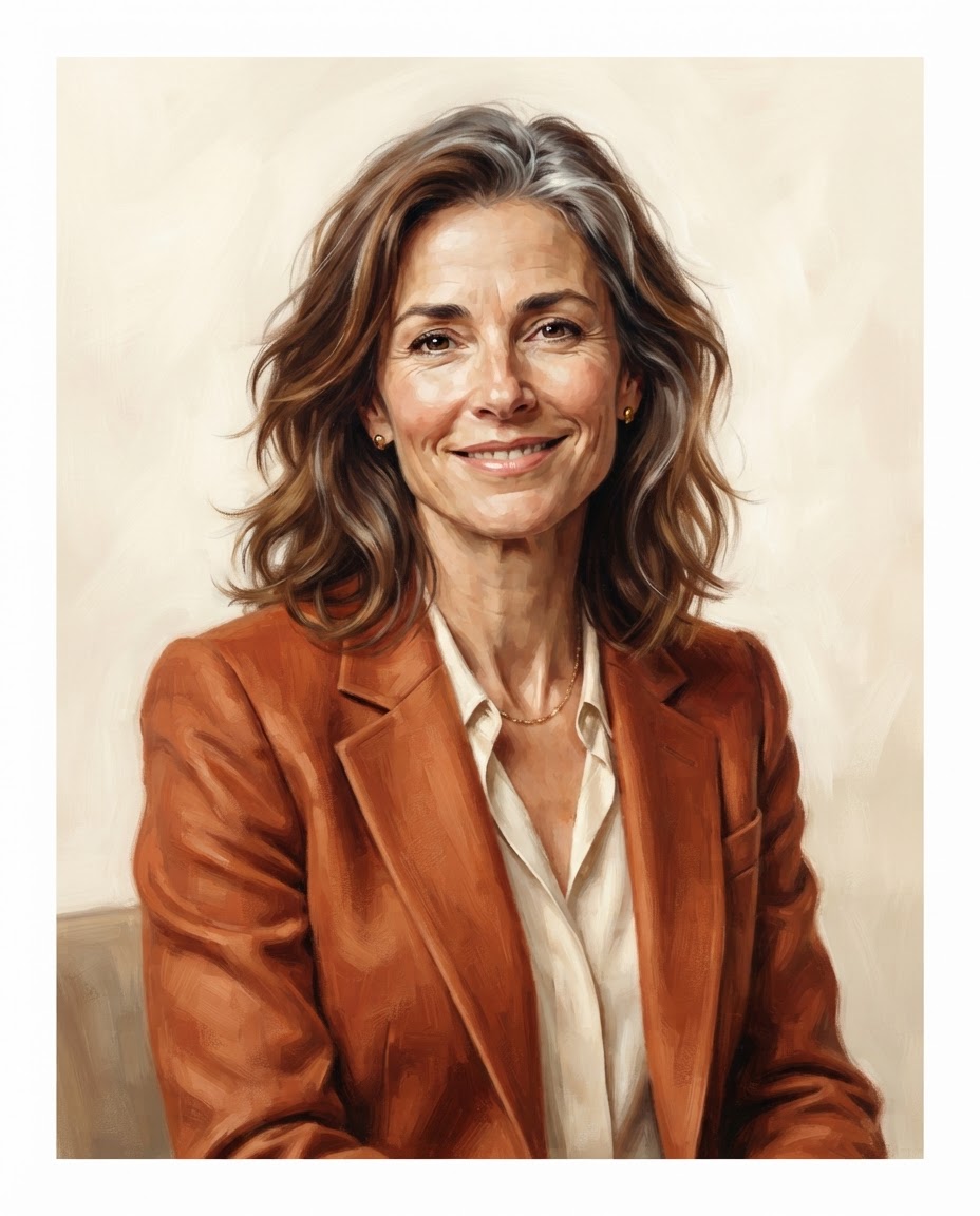Illustrated portrait of Eleanor Hart with shoulder-length chestnut hair and a terracotta jacket