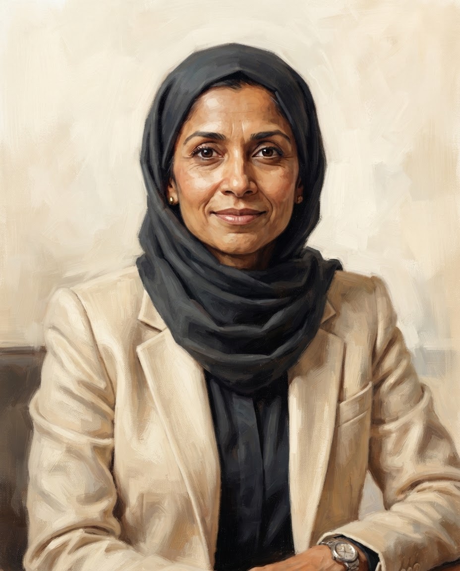 Illustrated portrait of Aisha Rahman wearing a charcoal headscarf and cream blazer