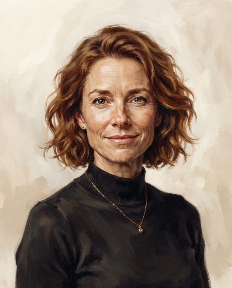 Illustrated portrait of Harriet Coleman with a short wavy auburn bob and a dark high-neck top