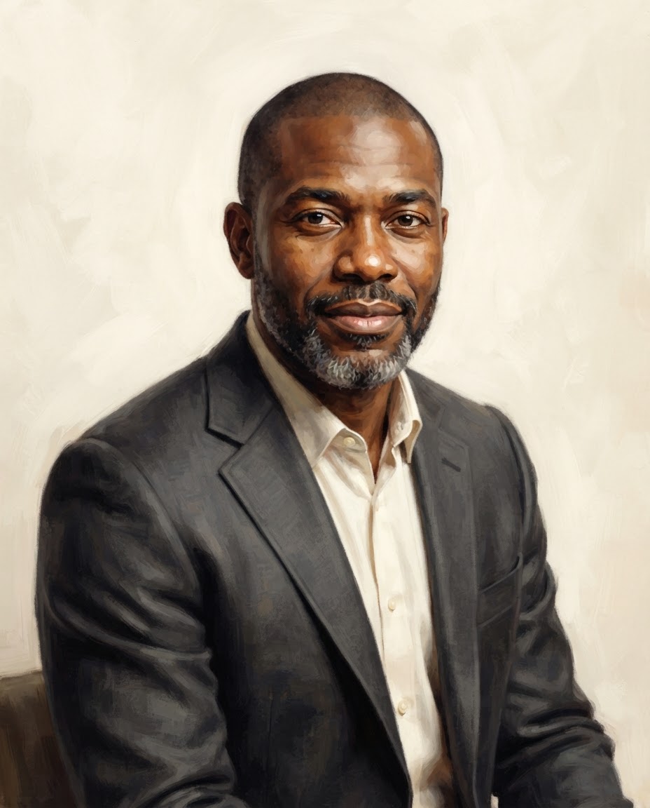 Illustrated portrait of James Okafor with close-shaved hair and a neatly trimmed beard