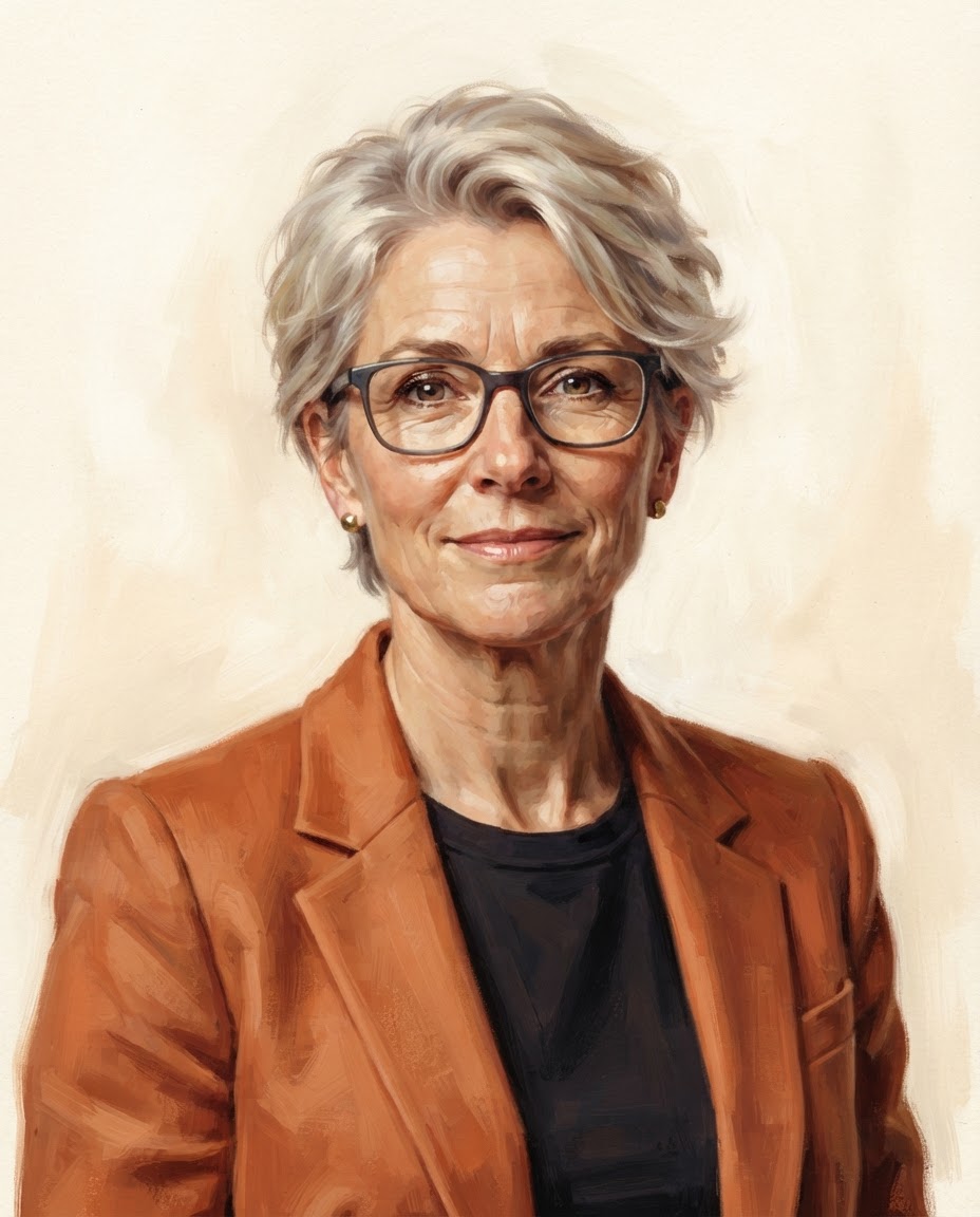 Illustrated portrait of Lucy Pembroke with short silver-blonde hair, glasses and a terracotta blazer