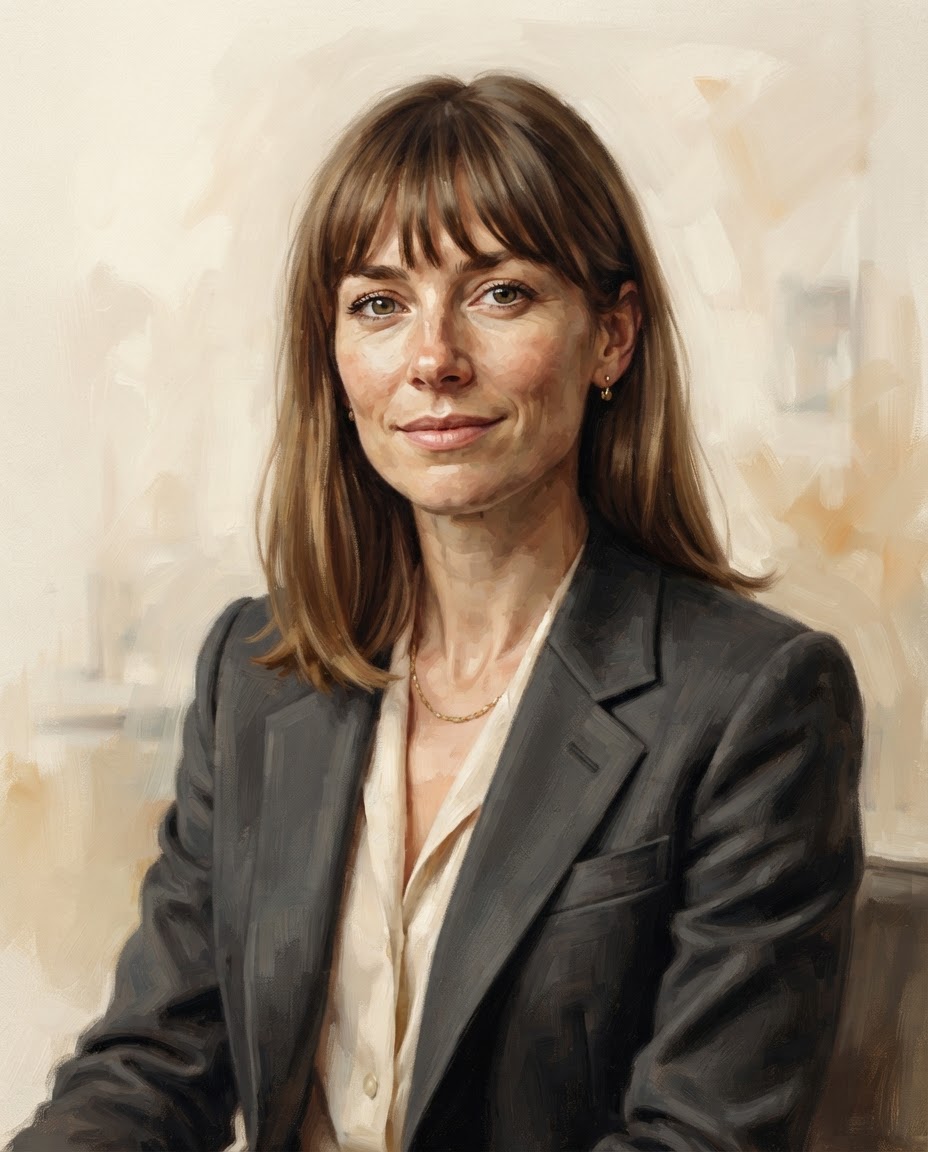 Illustrated portrait of Sophie Langford with straight dark-blonde hair and a charcoal jacket