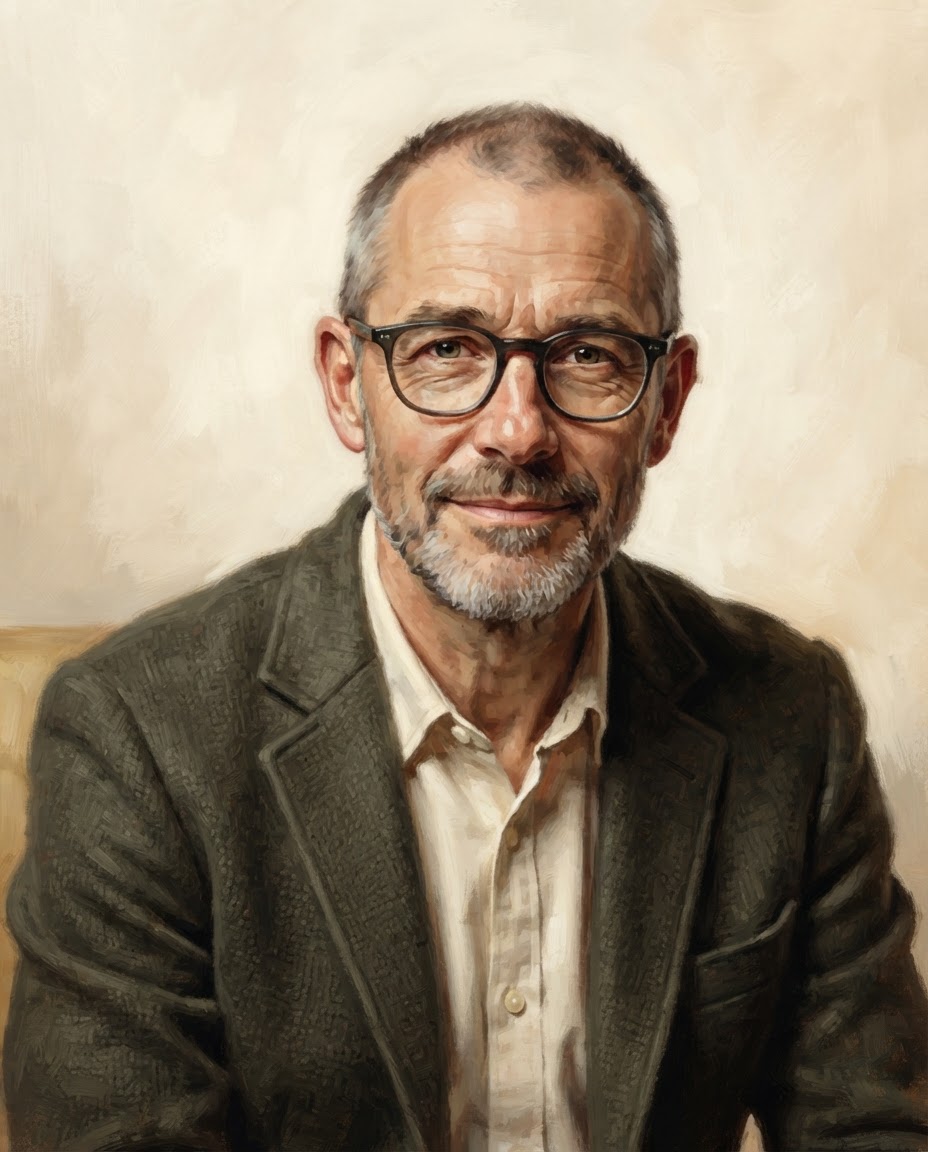 Illustrated portrait of Oliver Bennett with close-cropped greying hair and glasses