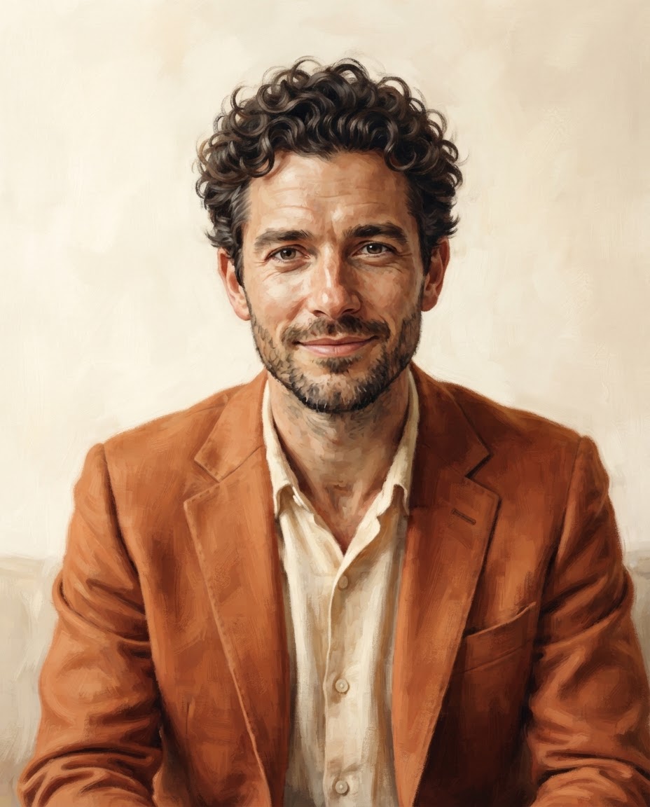 Illustrated portrait of Thomas Keane with curly dark hair and a terracotta jacket