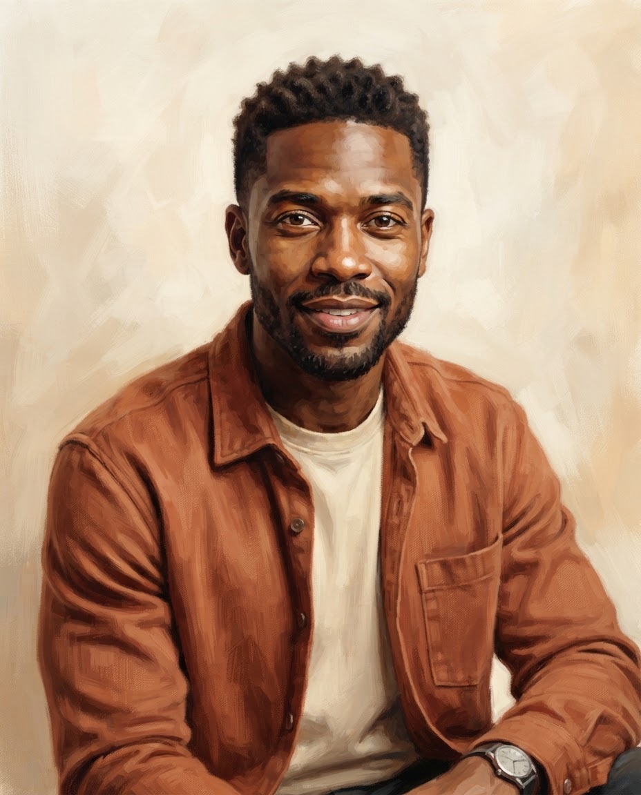 Illustrated portrait of Marcus Ellery with short textured hair and a terracotta overshirt