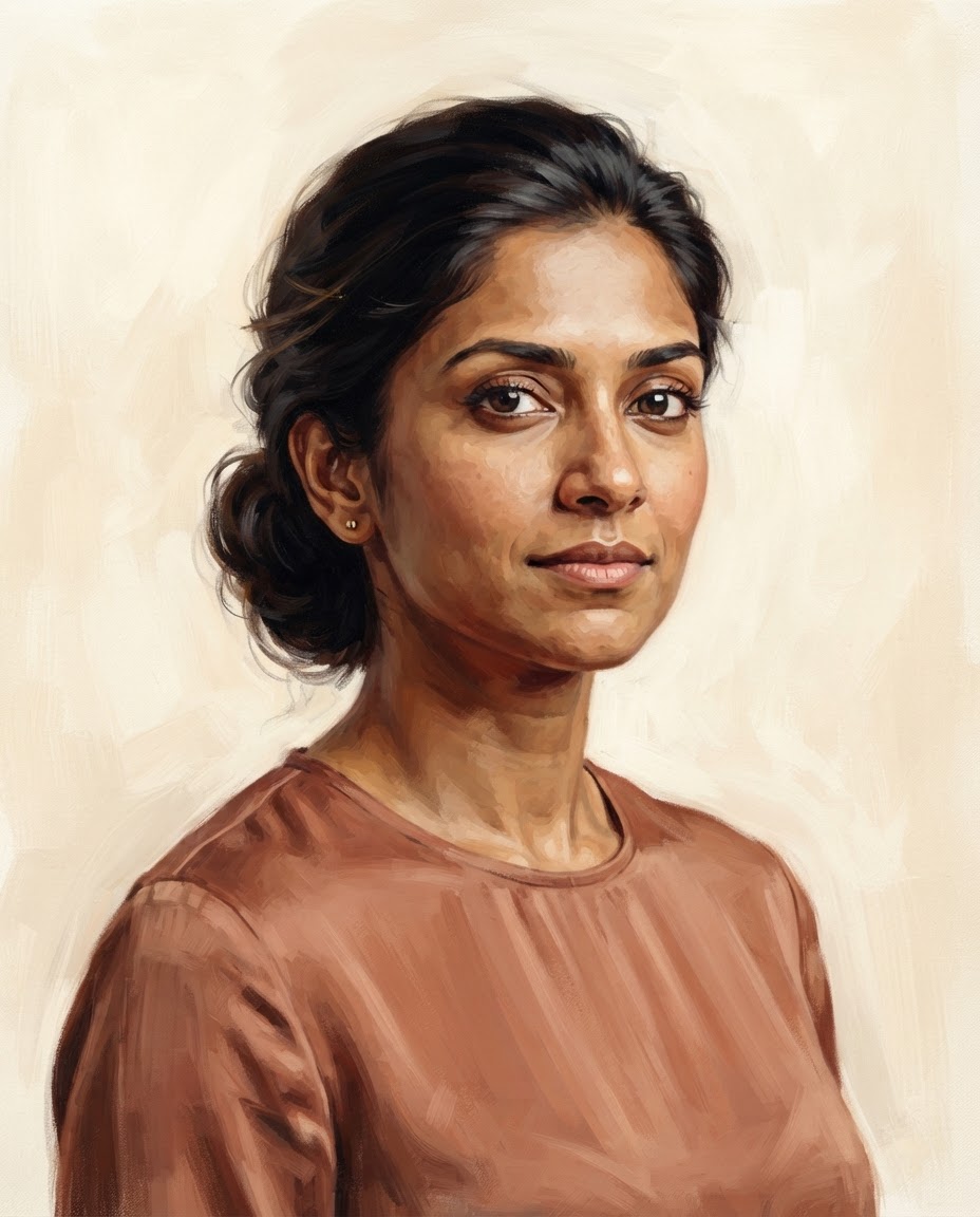 Illustrated portrait of Priya Nair with dark hair tied back and a muted terracotta blouse