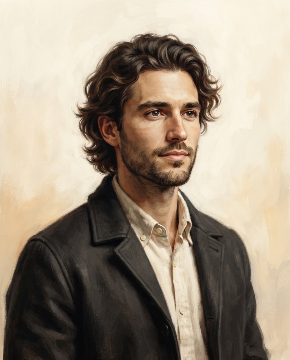 Illustrated portrait of Nathan Brooks with medium-length dark wavy hair and a dark work jacket