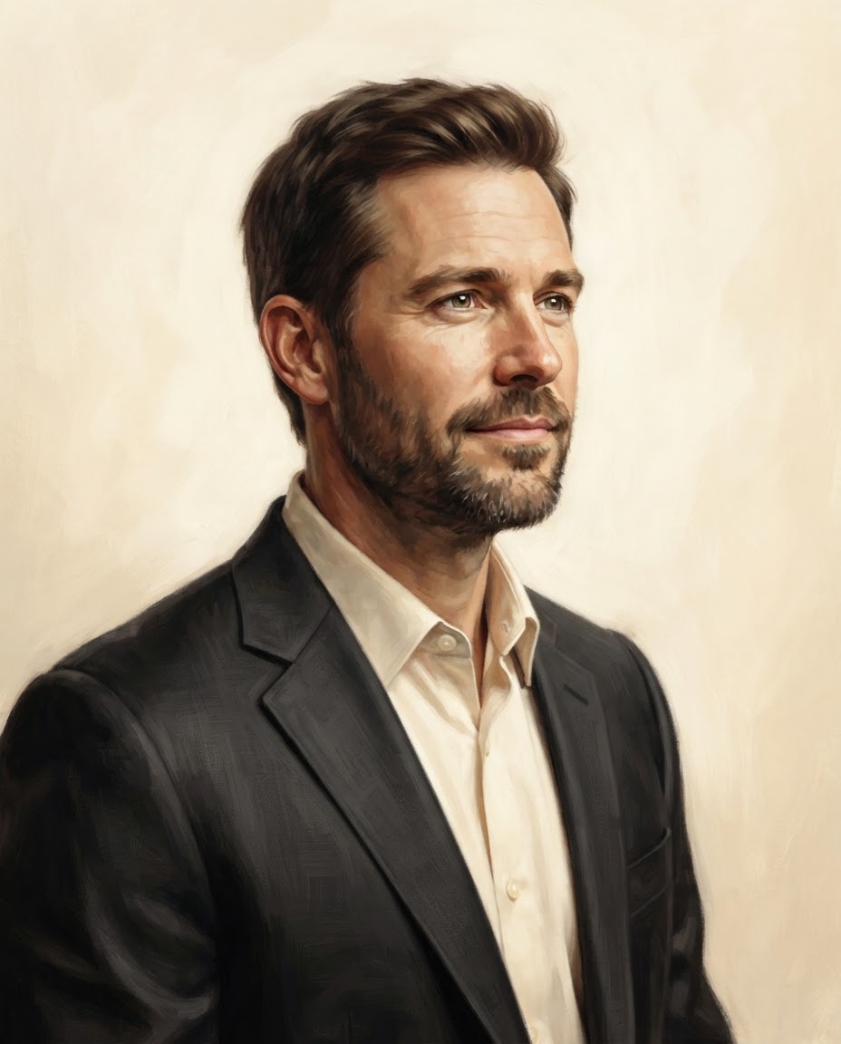 Illustrated portrait of Daniel Whitmore with short dark hair, a neat beard and charcoal jacket
