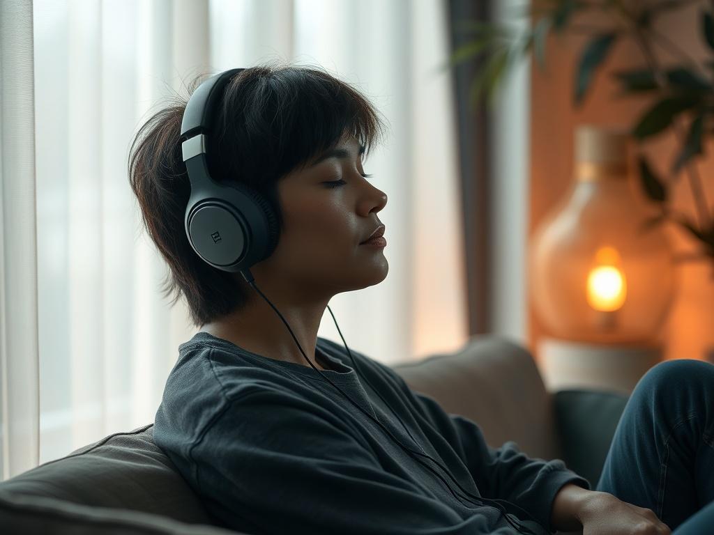 A peaceful scene of a person sitting comfortably with headphones