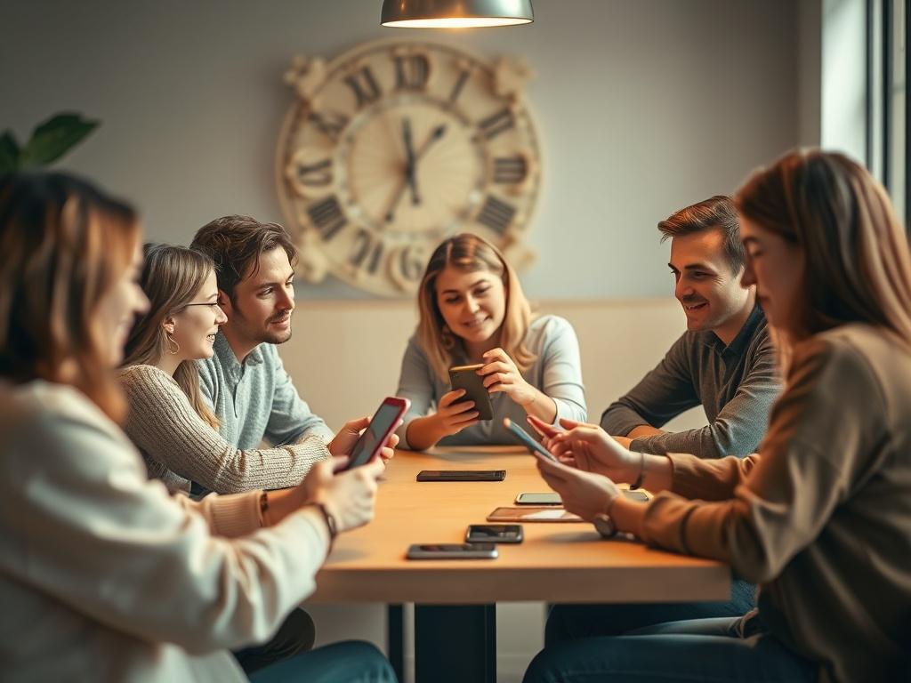 A warm and inviting scene of a group of people gathered around a table with their phones, engaging in a lively discussion. The atmosphere is filled with positivity and support, with soft lighting and a welcoming environment. The focus is on the sense of community and connection, symbolizing the power of shared experiences and encouragement in a supportive group.
