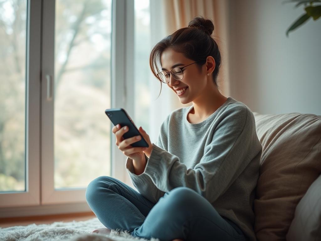 A serene scene depicting a person sitting peacefully in a cozy room, looking at their phone with a gentle smile, surrounded by soft lighting and calming colors. The background features a window with a view of nature, creating a peaceful atmosphere. The focus is on the individual and their positive interaction with messages on their phone, symbolizing empowerment and support.