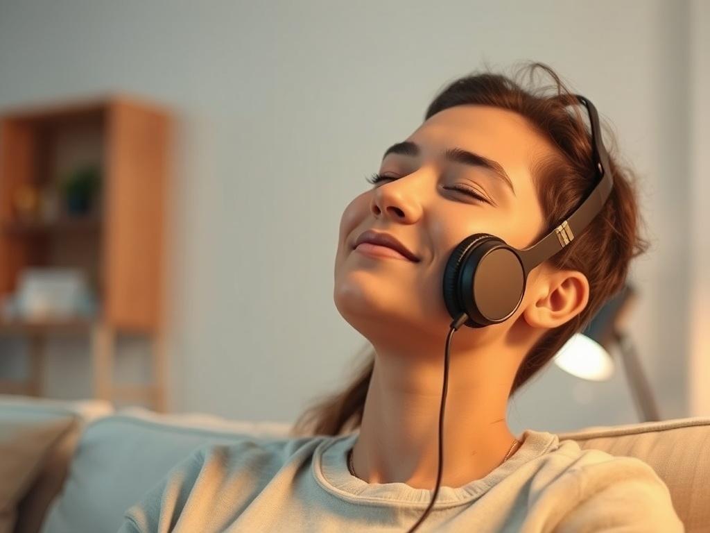 A tranquil scene showing a person wearing headphones and listening to an audio message, with their eyes closed and a peaceful expression. The background features soft, warm lighting and a comfortable setting with calming colors, symbolizing relaxation and support. The focus is on the individual’s engagement with the audio, emphasizing the personal connection and empowerment through sound.