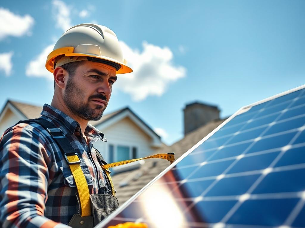 Create a realistic high-resolution photo focusing on a single subject: a professional solar panel installer inspecting a solar panel system on a residential roof. The installer should be depicted in a close-up shot, wearing safety gear, including a hard hat and harness, and holding a measuring tape to emphasize accuracy in installation. 

In the background, capture a clear blue sky with a few fluffy clouds, and showcase a suburban home with newly installed solar panels on the roof, reflecting sunlight to si