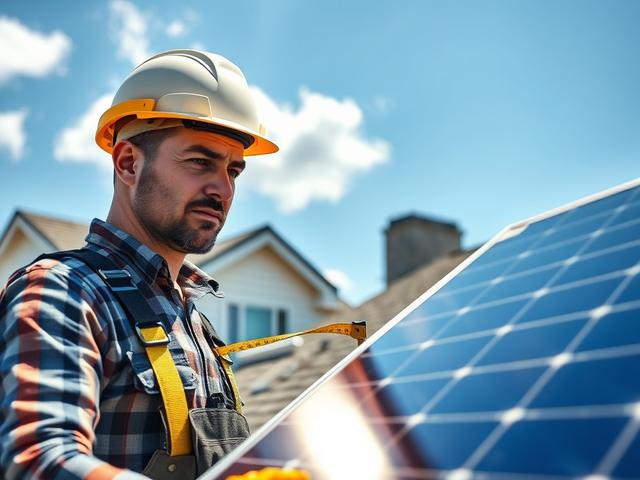 Create a realistic high-resolution photo focusing on a single subject: a professional solar panel installer inspecting a solar panel system on a residential roof. The installer should be depicted in a close-up shot, wearing safety gear, including a hard hat and harness, and holding a measuring tape to emphasize accuracy in installation. 

In the background, capture a clear blue sky with a few fluffy clouds, and showcase a suburban home with newly installed solar panels on the roof, reflecting sunlight to si
