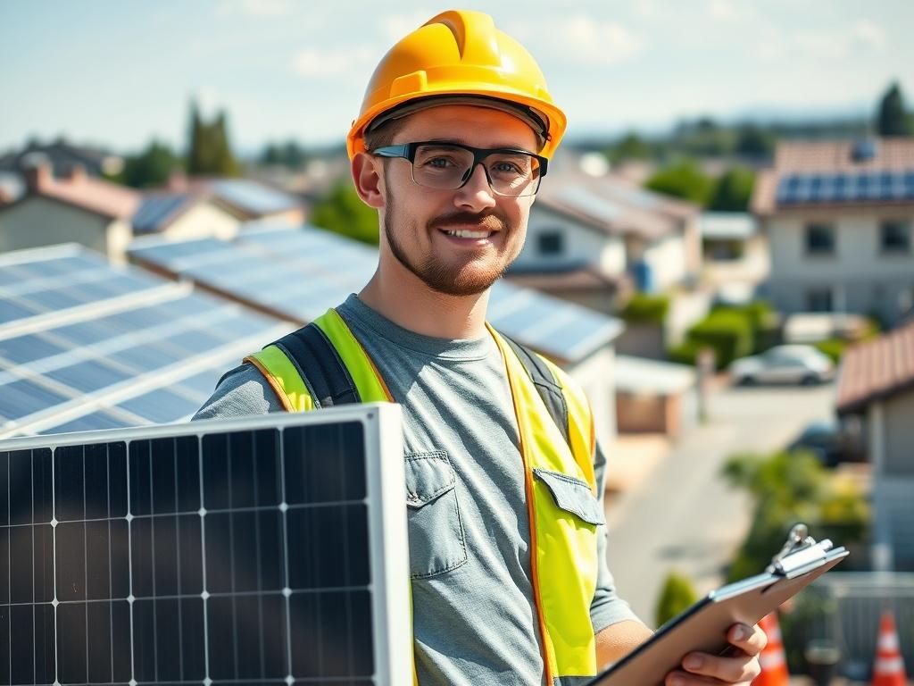 Create a realistic high-resolution photo that conveys the theme of "Licensed vs. Unlicensed Solar Panel Installers: Why It Matters." The image should focus on a single subject: a confident, licensed solar panel installer in a bright, well-lit outdoor setting. The installer should be wearing a safety helmet, company-branded work shirt, and safety goggles, while holding a solar panel in one hand and a clipboard in the other, symbolizing professionalism and adherence to standards.

The background should depict